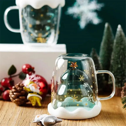 Mignon tasse d'arbre de Noël, tasse en verre à double couche de haute borosilicate avec poignée pour le lait, tasses à café résistantes à la chaleur Cadeaux de Noël HEBDO STORE