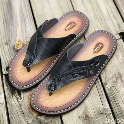 2023 Summer Handmade Leather Slippers Trendy Fashion Men's Flip-flops Outdoor Breathable Comfortable Men and Simple Sandals - Image #3