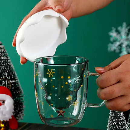 Mignon tasse d'arbre de Noël, tasse en verre à double couche de haute borosilicate avec poignée pour le lait, tasses à café résistantes à la chaleur Cadeaux de Noël HEBDO STORE