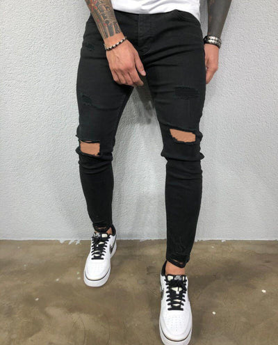Men Jeans Black Blue Cool Skinny Knee Hole Ripped Stretch Slim Elastic Denim Pants Solid Color High Street Style Trousers Man