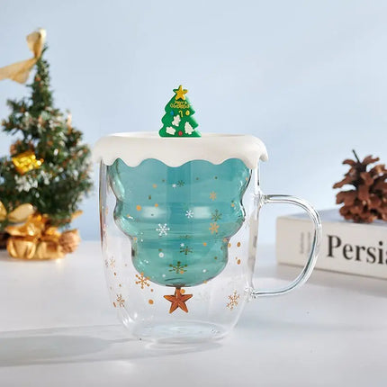 Mignon tasse d'arbre de Noël, tasse en verre à double couche de haute borosilicate avec poignée pour le lait, tasses à café résistantes à la chaleur Cadeaux de Noël HEBDO STORE