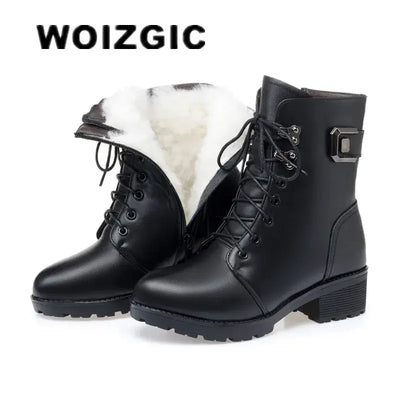 WOIZGIC Female Ladies Women Genuine Leather Ankle Boots Platform Winter Antumn Plush Fur Warm Shoes Plus Size Lace Up 35-43 - Image #1