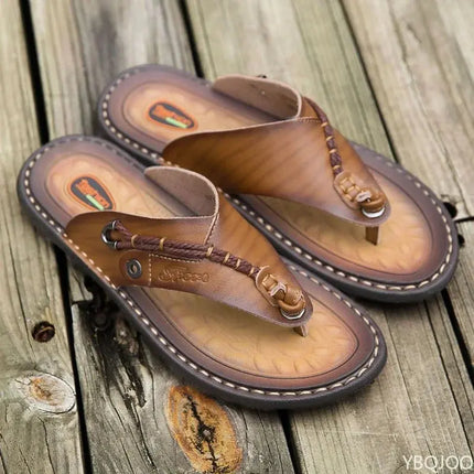 2023 Summer Handmade Leather Slippers Trendy Fashion Men's Flip-flops Outdoor Breathable Comfortable Men and Simple Sandals - Image #1