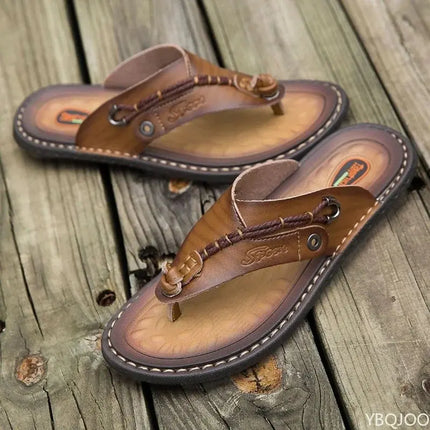 2023 Summer Handmade Leather Slippers Trendy Fashion Men's Flip-flops Outdoor Breathable Comfortable Men and Simple Sandals - Image #5