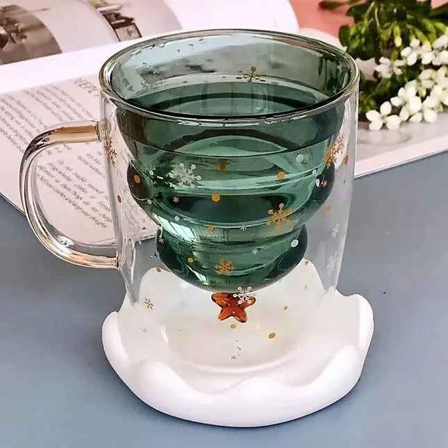 Mignon tasse d'arbre de Noël, tasse en verre à double couche de haute borosilicate avec poignée pour le lait, tasses à café résistantes à la chaleur Cadeaux de Noël HEBDO STORE