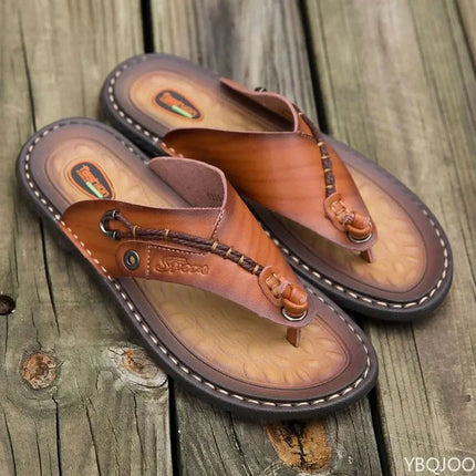 2023 Summer Handmade Leather Slippers Trendy Fashion Men's Flip-flops Outdoor Breathable Comfortable Men and Simple Sandals - Image #6