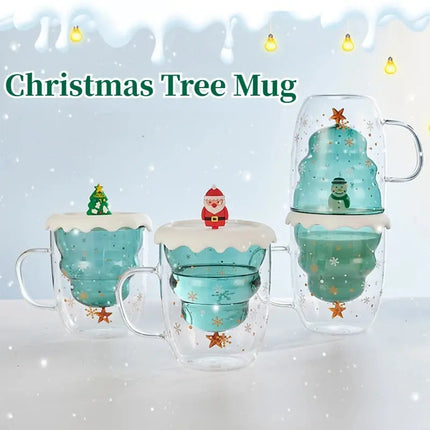 Mignon tasse d'arbre de Noël, tasse en verre à double couche de haute borosilicate avec poignée pour le lait, tasses à café résistantes à la chaleur Cadeaux de Noël HEBDO STORE