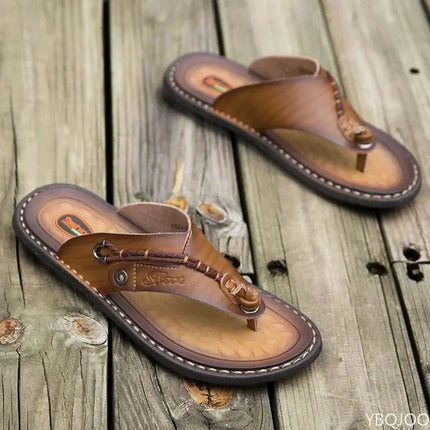 2023 Summer Handmade Leather Slippers Trendy Fashion Men's Flip-flops Outdoor Breathable Comfortable Men and Simple Sandals - Image #4