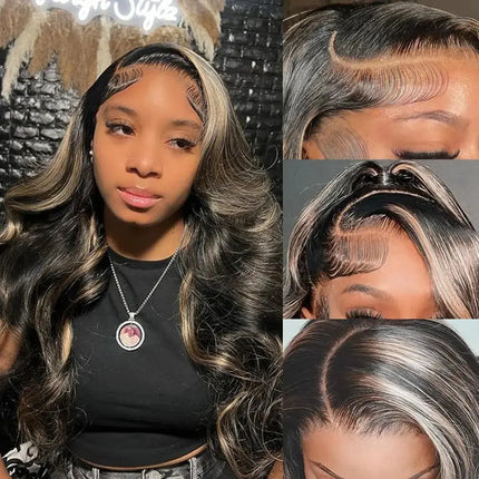 13x6 Highlight Ombre Lace Front Wig Human Hair #1b27 Balayage Body Wave HD Lace Frontal Wigs Black and Blonde Highlight Wavy Wig - Image #2