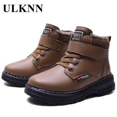 Boy's Plush Leather Boats Kid's Winter Brown Velvet Padded Kids Casual Shoes Baby Girls Snow Boots Cotton 4-16Y Children