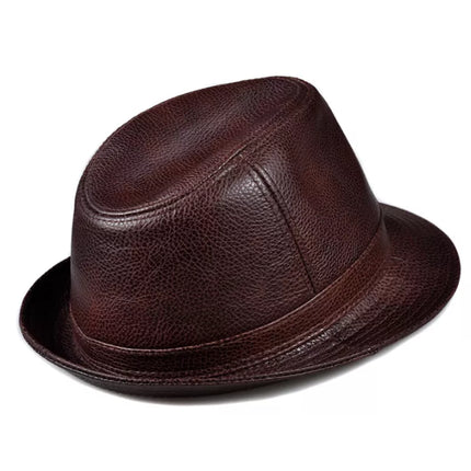 YNew 2023 Man High Quality Genuine Leather Jazz Fedora Gentleman Cow Skin Short Brim Black/Brown Top Hat Male Shows Topper