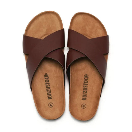 New Men Beach Cork Slippers Summer Women Solid Color Non-slip Outside PU Leather Slide Shoes Casual Flip Flop Slippers Flat