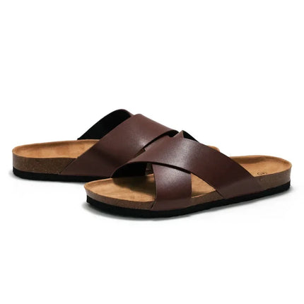 New Men Beach Cork Slippers Summer Women Solid Color Non-slip Outside PU Leather Slide Shoes Casual Flip Flop Slippers Flat