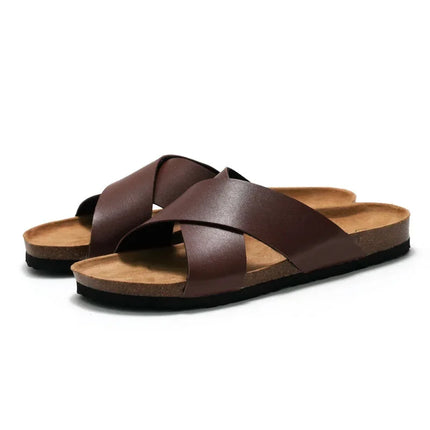 New Men Beach Cork Slippers Summer Women Solid Color Non-slip Outside PU Leather Slide Shoes Casual Flip Flop Slippers Flat