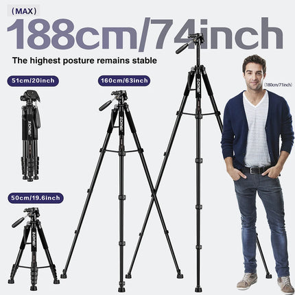 Zomei Q188 188cm Professional photography accessories video camera DSLR tripod for phone with phone holder HEBDO STORE