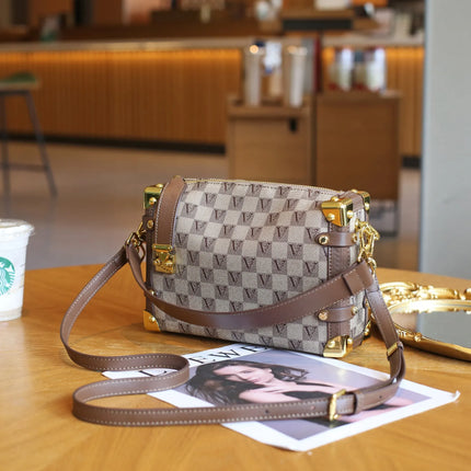 Box Type Luxury Design Letter Printed Women's Bag Microfiber Fabric Ladies Handbag Metal Plate Decorated Shoulder Crossbody Bag