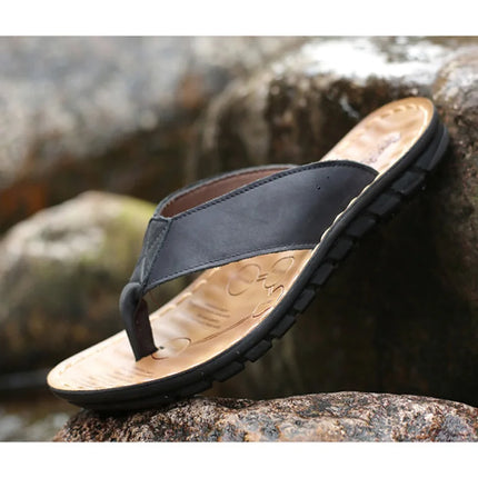 Summer Shoes Men Slippers Flip Flops Genuine Leather Non-slip Flat Mens Sandals Holiday Footwear Black Khaki