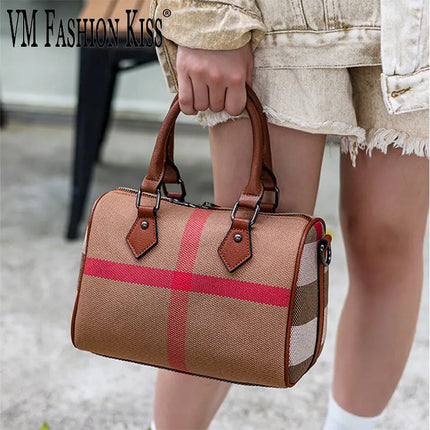 VM FASHION KISS Women's Designer Brown Boston Handbags Stripe Canvas + PU Shoulder Bag Simple And Practical Women Crossbody Bag