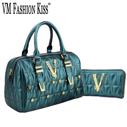 VM FASHION KISS Brand Women Rivet Handbags And Wallet Set Classic Luxury Designer 2022 Trends Top-Handle Shoulder Bag PU Leather