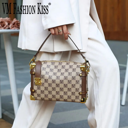 Box Type Luxury Design Letter Printed Women's Bag Microfiber Fabric Ladies Handbag Metal Plate Decorated Shoulder Crossbody Bag