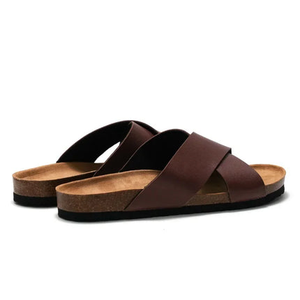 New Men Beach Cork Slippers Summer Women Solid Color Non-slip Outside PU Leather Slide Shoes Casual Flip Flop Slippers Flat