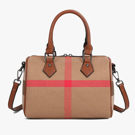 VM FASHION KISS Women's Designer Brown Boston Handbags Stripe Canvas + PU Shoulder Bag Simple And Practical Women Crossbody Bag