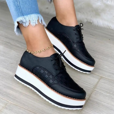 Lace-up Shoes Thick Bottom Checkerboard Design Flats Shoes Women